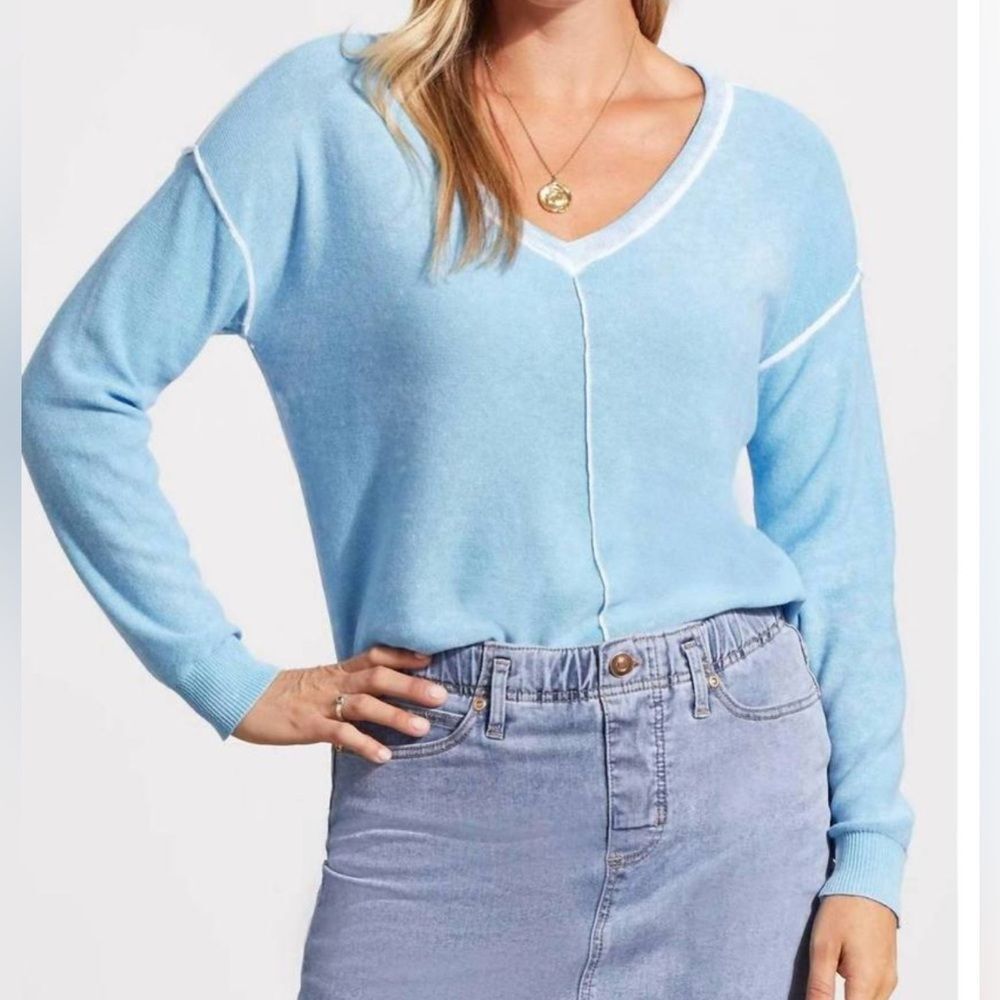 TRIBAL lightweight cotton v-neck sweater in azure blue S